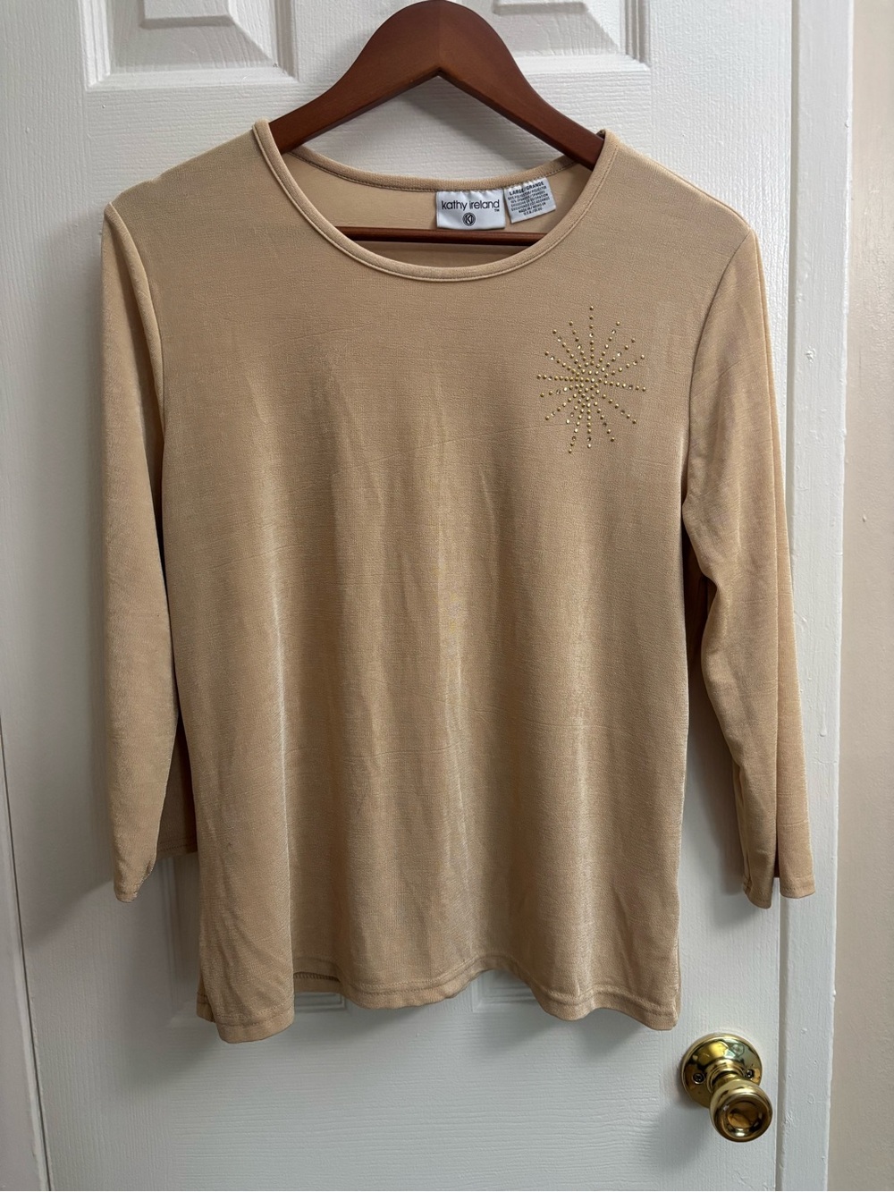 kathy ireland Cream Long-Sleeve Crewneck Top with Starburst Stud Detail
